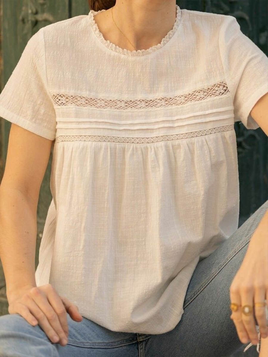 New Arrivals🔥Women's Solid-color Round-neck Short-sleeve Loose-fit Cotton-linen Top