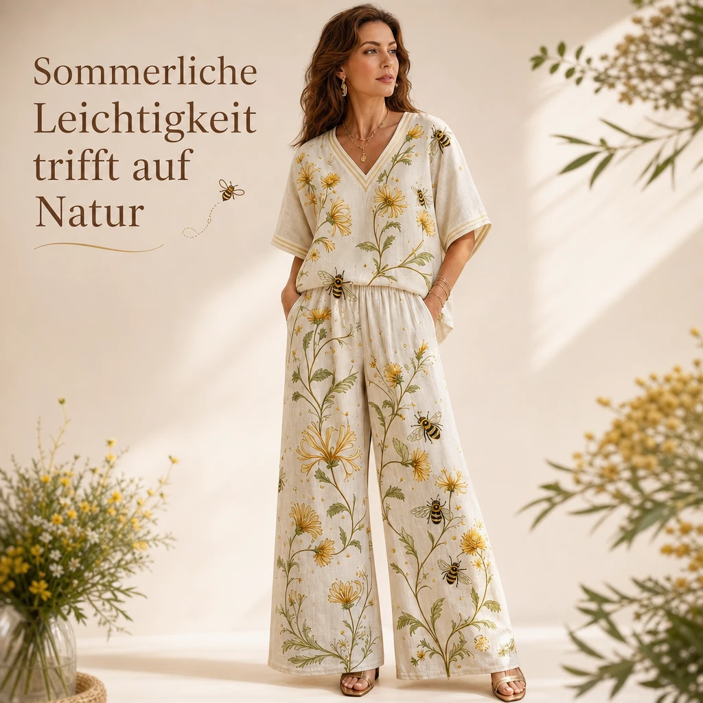 Damen Leinen-Look Jumpsuit mit Bienen- & Blumenprint – Weite Hose, V-Ausschnitt & Luftig