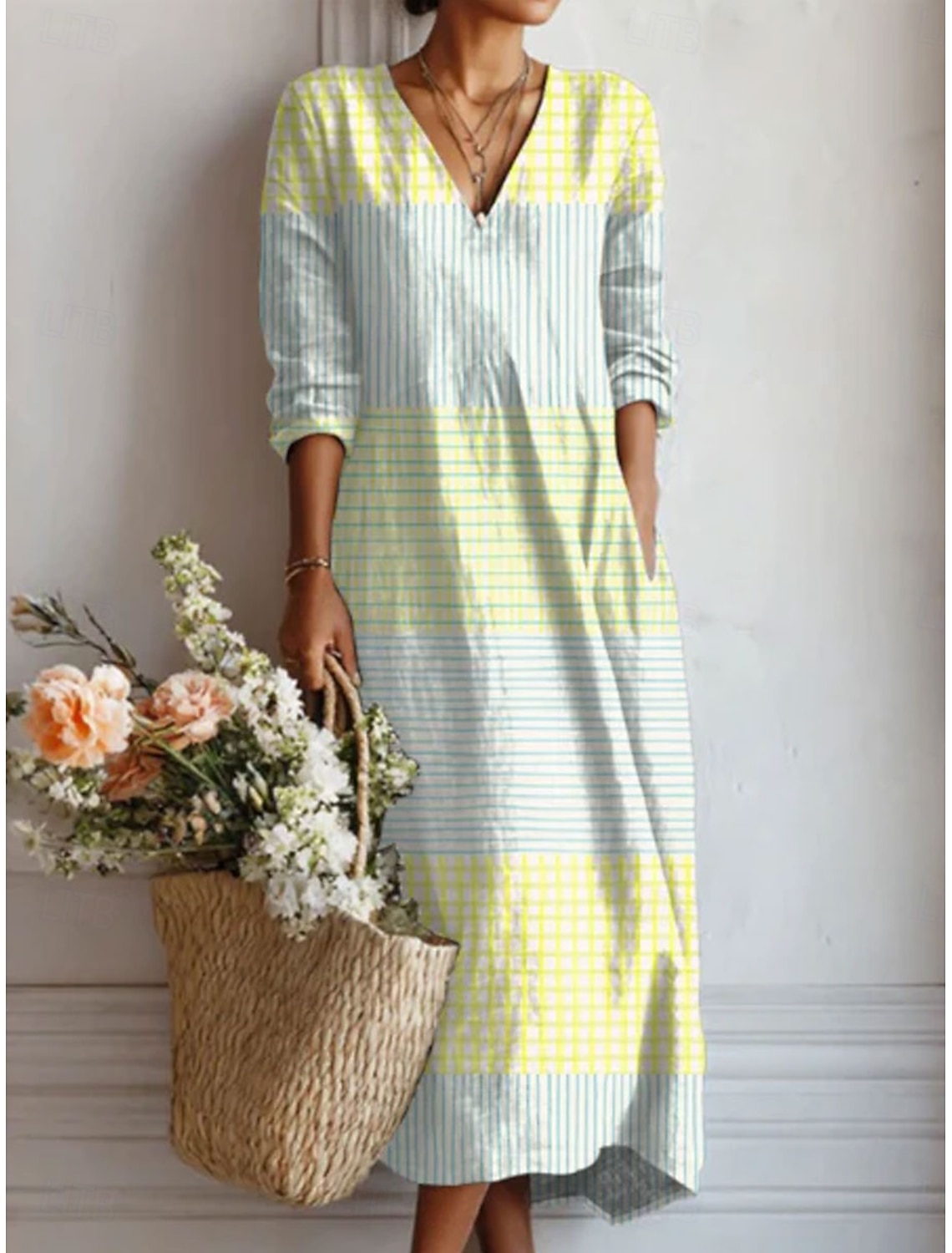Damens-Midikleid aus Baumwollmischung mit Streifen-Patchwork