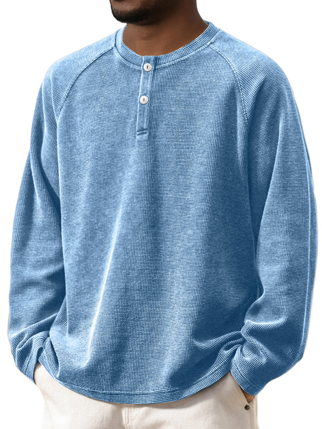 Herren Retro Fashion gewaschen Waffel-Gewand mit Raglanärmeln und Henley-Stil langen Ärmeln-ZierMode