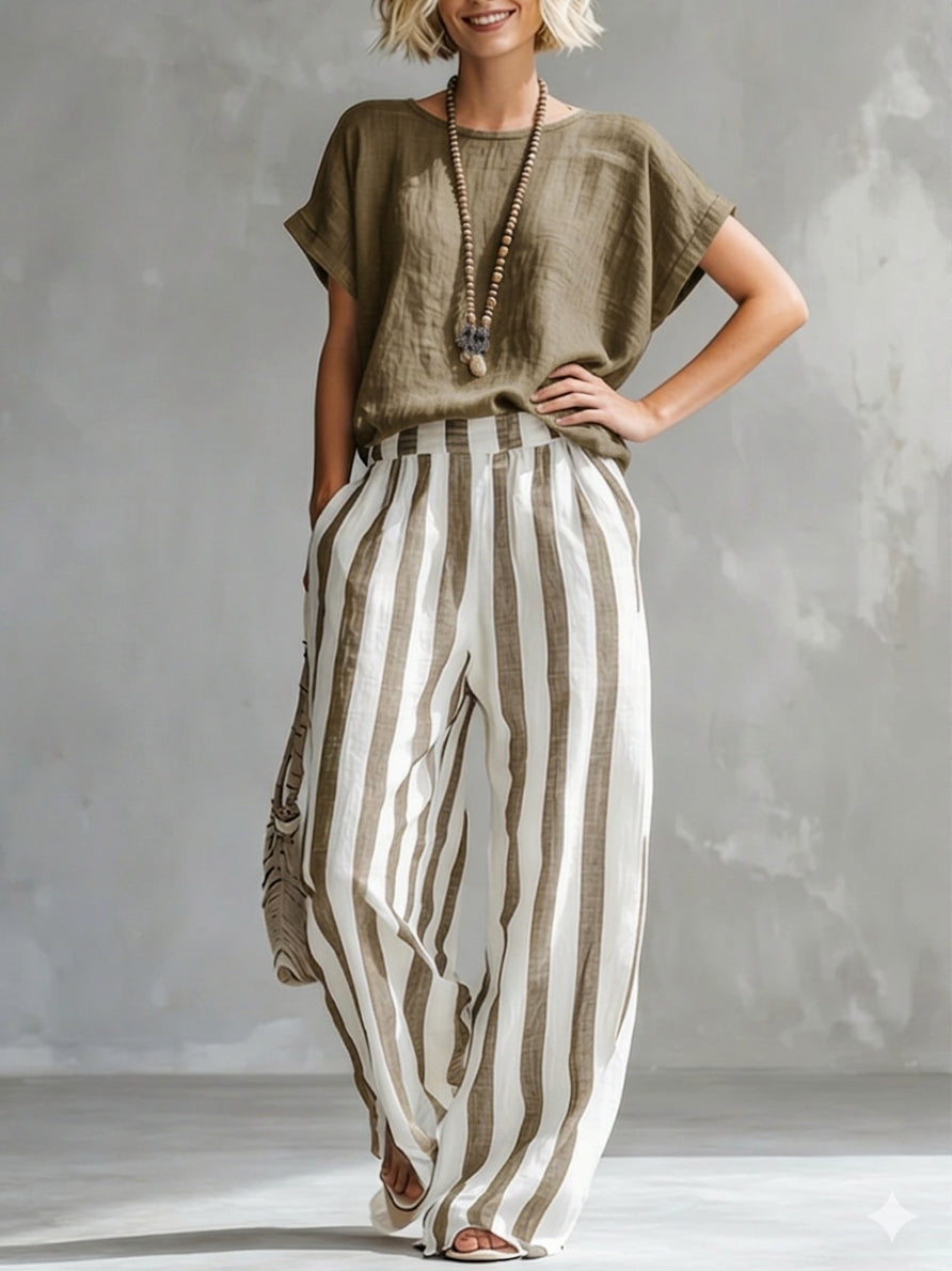 Gestreiftes Damen-Set aus Baumwolle und Leinen mit lockerer Passform-ZierMode