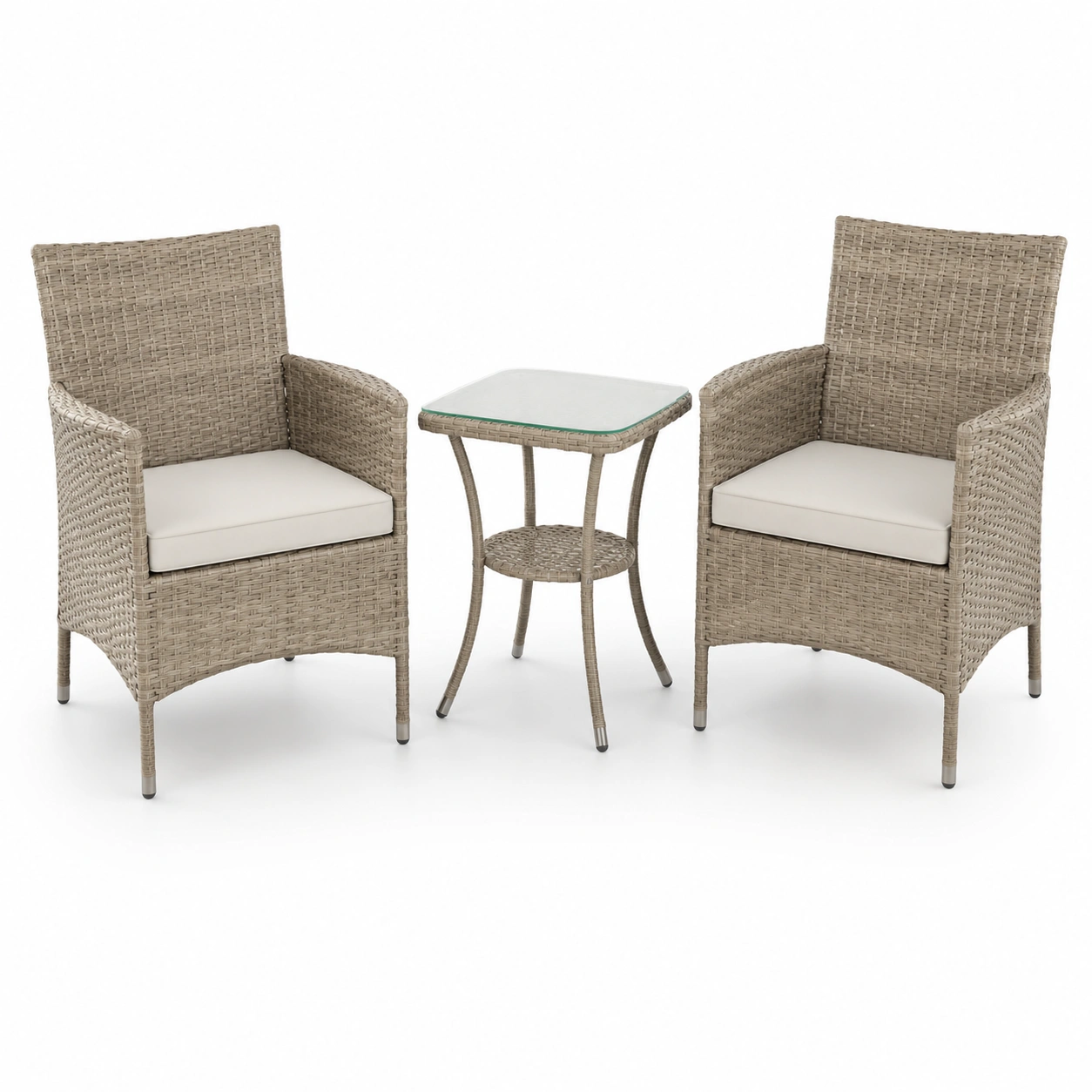 Conjunto de dos sillas de ratan color marfil con mesa de centro-PrestigeFurni
