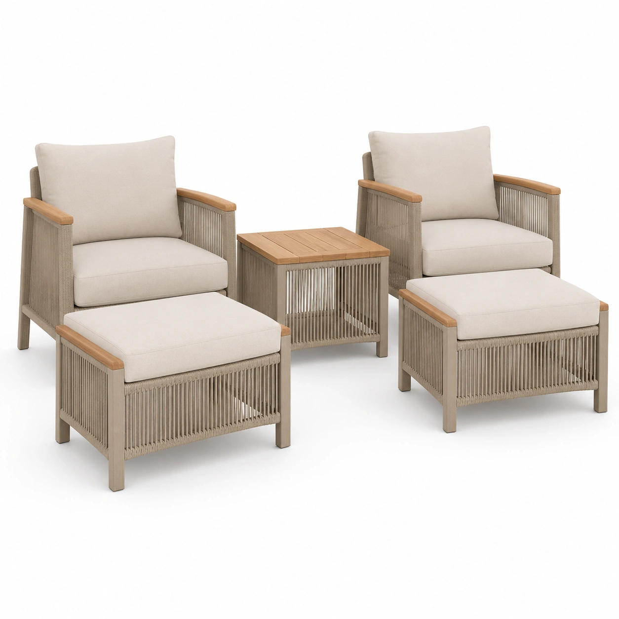 Conjunto de descanso para dos personas con cuerda tejida y madera clara-PrestigeFurni