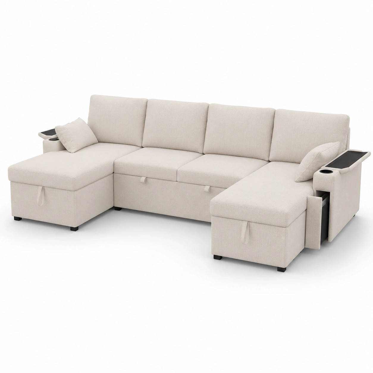 Sofa en U blanco marfil con almacenaje-PrestigeFurni