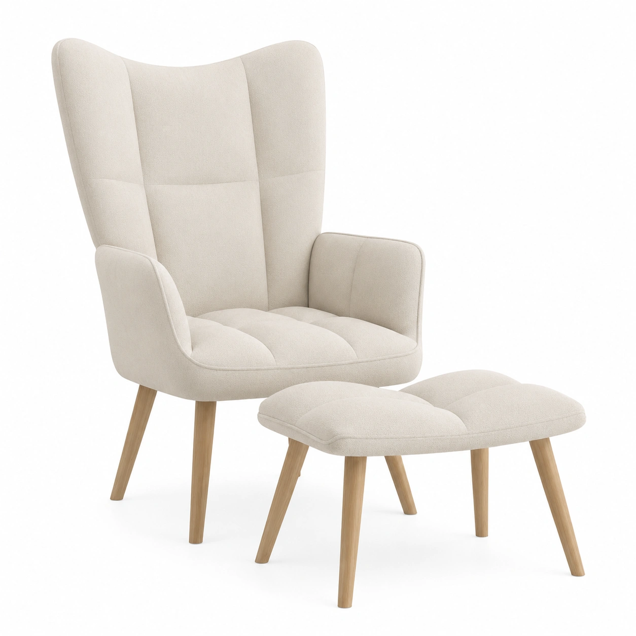 Conjunto de sillon de respaldo alto y reposapies color marfil-PrestigeFurni