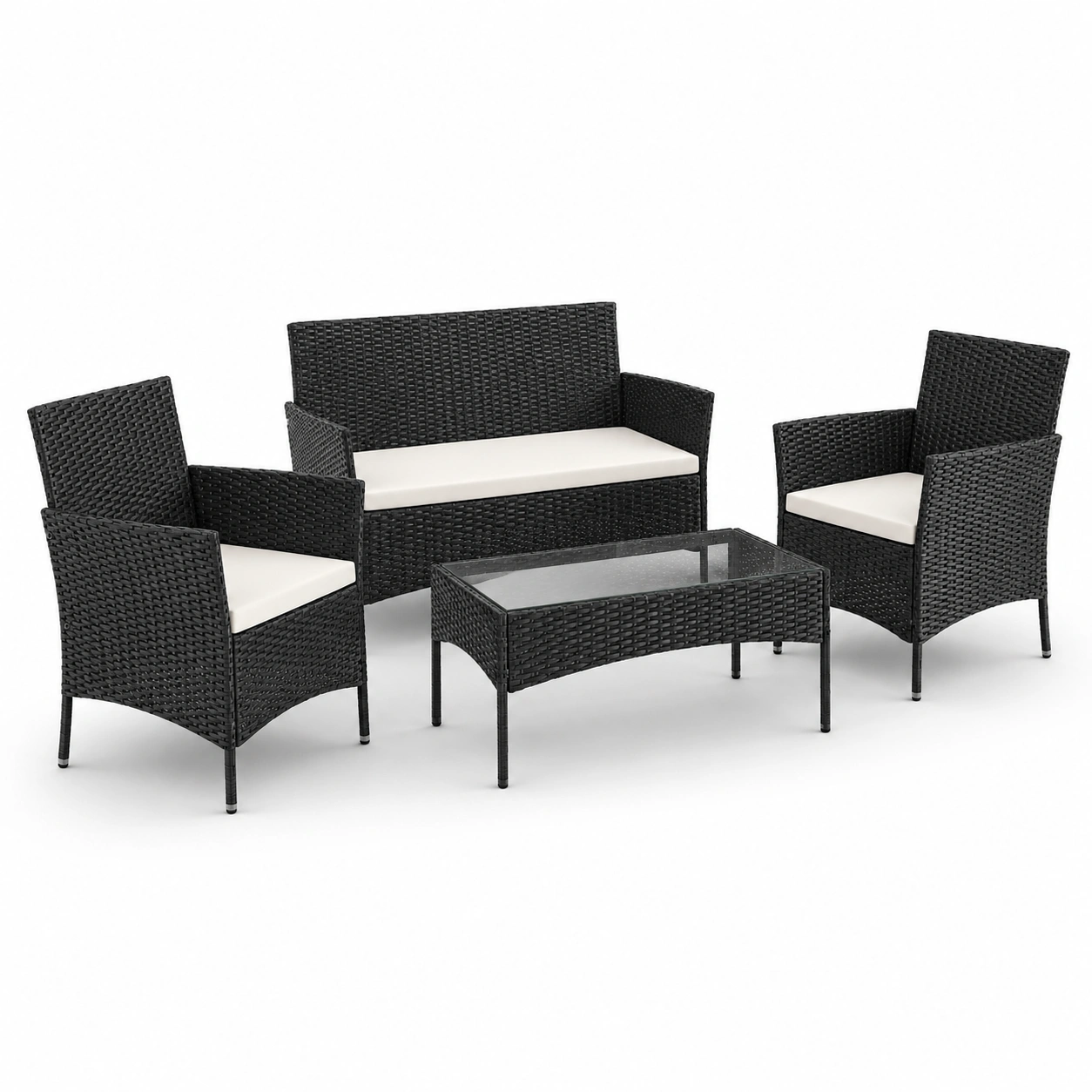 Conjunto de sofa exterior de ratan negro de 4 piezas-PrestigeFurni