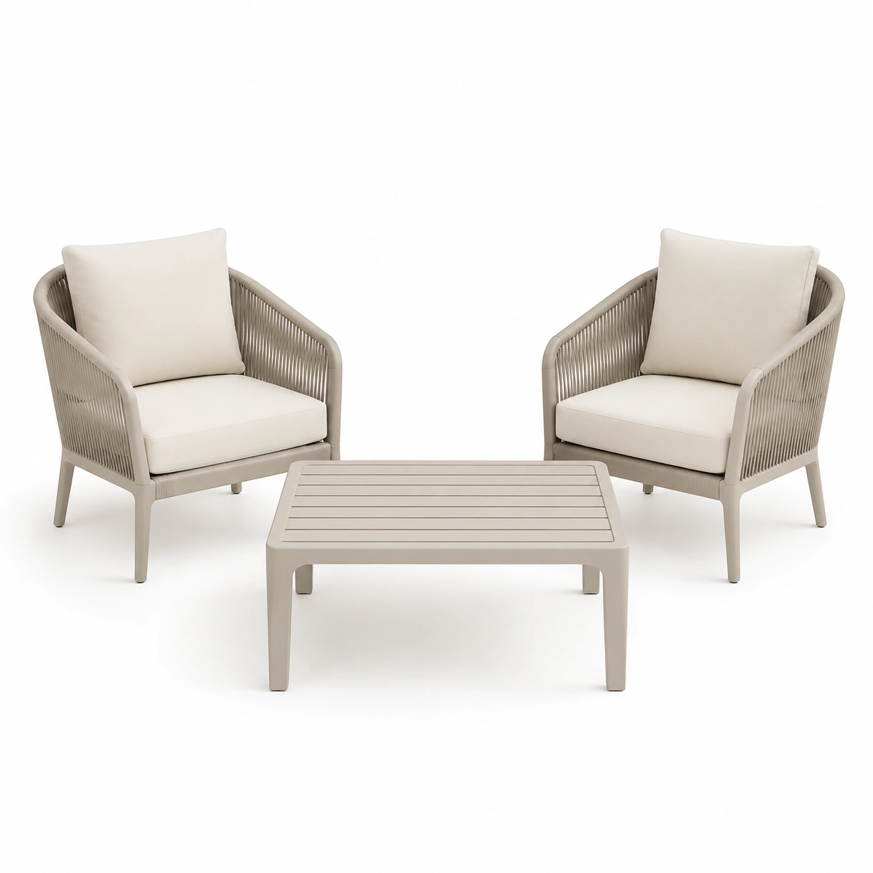 Conjunto de dos sillas beige con mesa de centro-PrestigeFurni