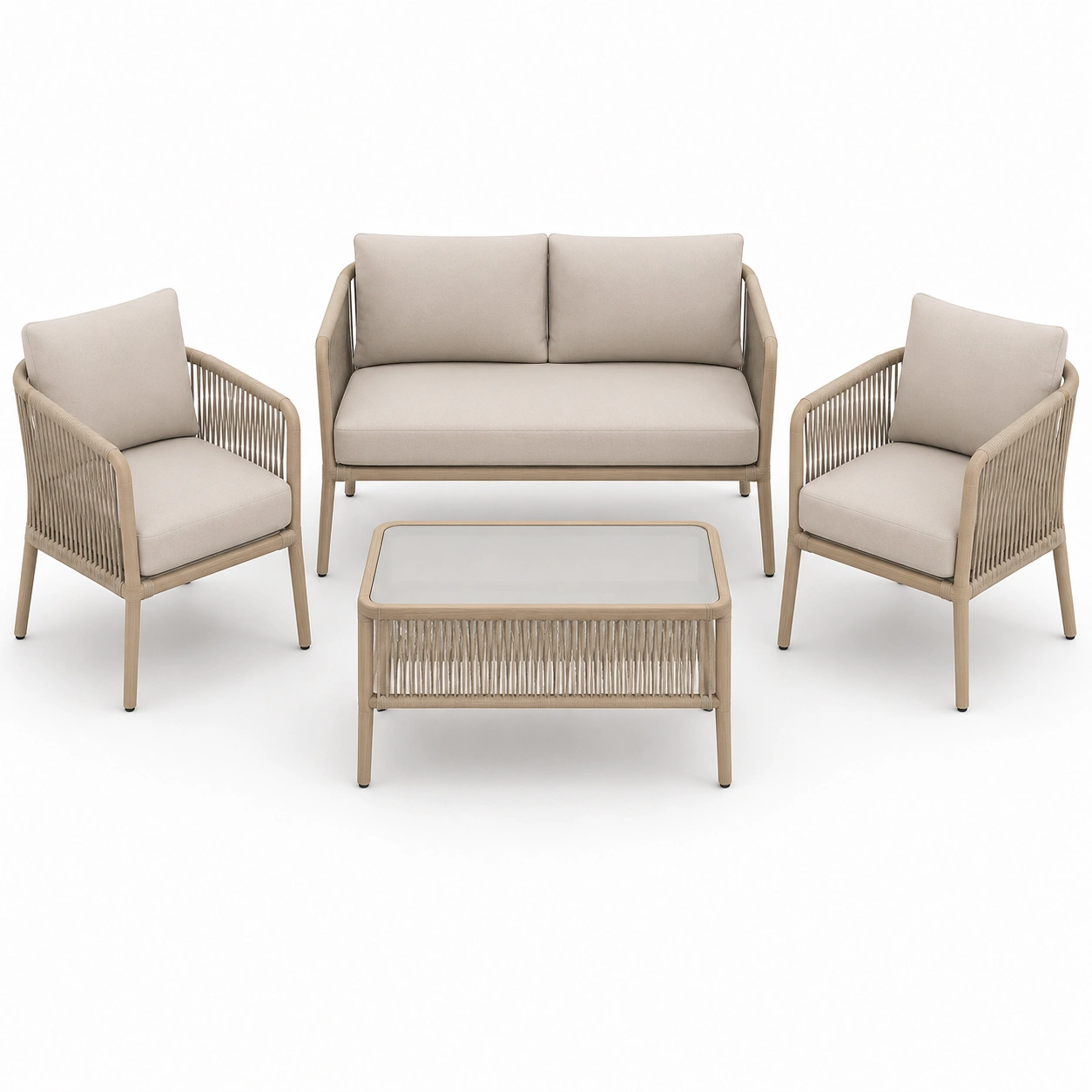 Conjunto de sofa de ratan beige de 4 piezas-PrestigeFurni
