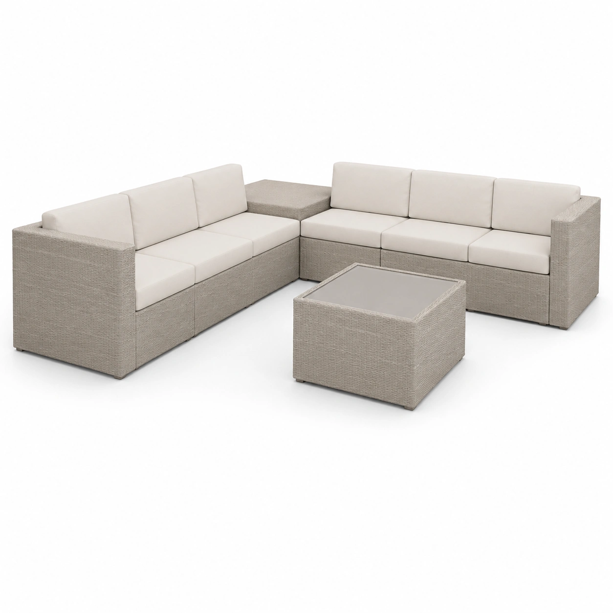 Conjunto de sofa en L de ratan color marfil-PrestigeFurni