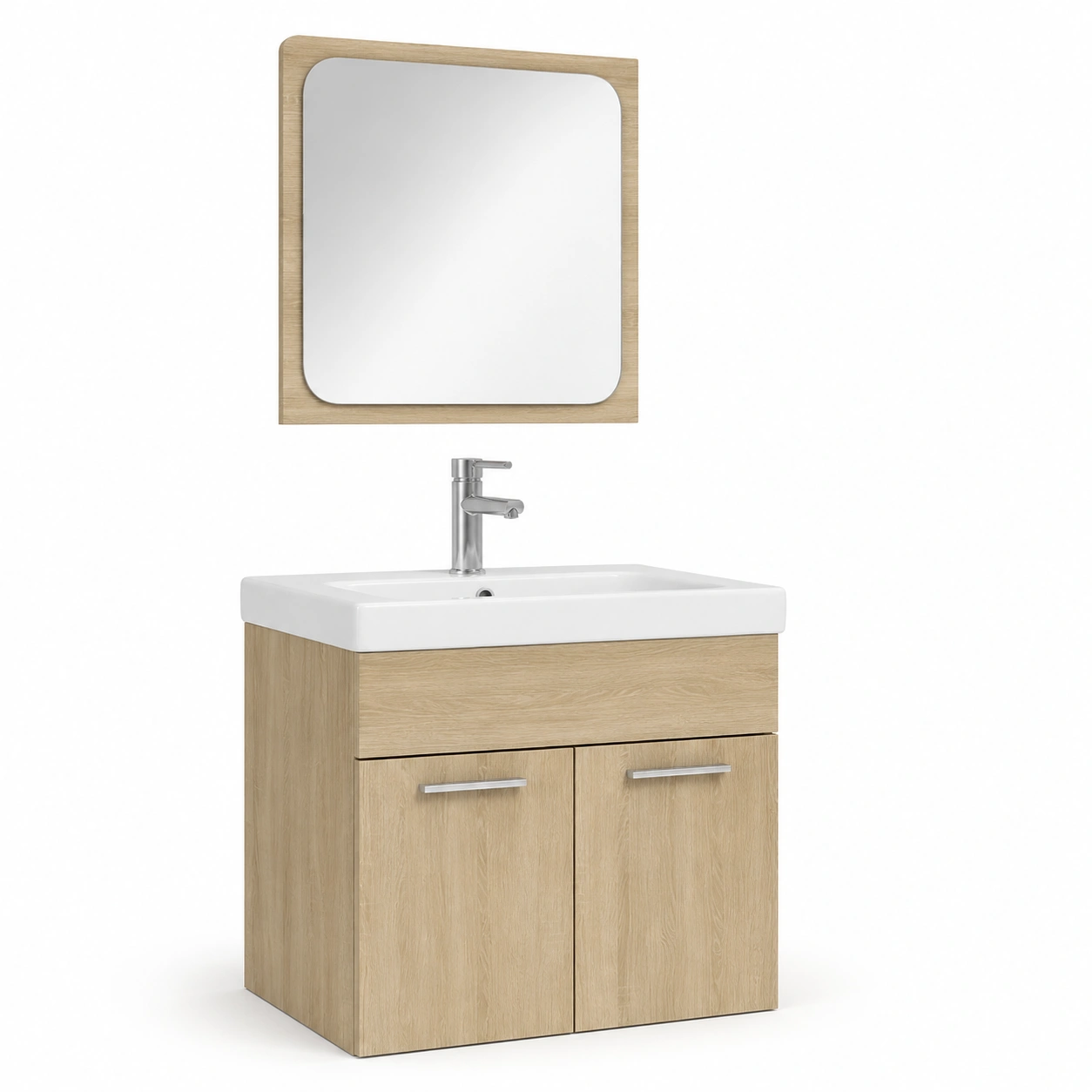 Conjunto de lavabo y espejo de bano en madera natural-PrestigeFurni