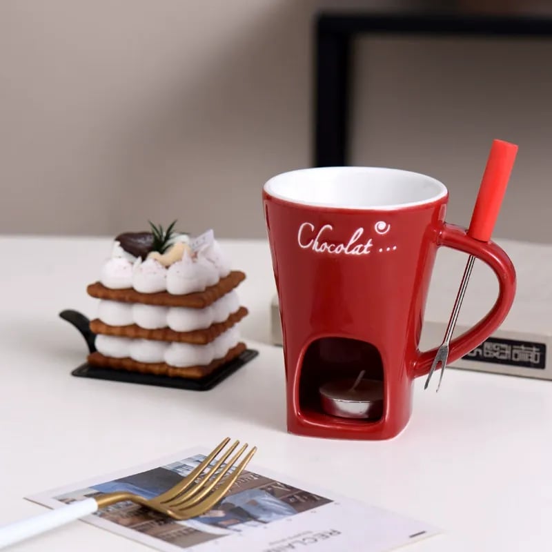 🍫🍓🧀Chocolate Fondue Mug Set – Ceramic Fondue Cup with Forks and Candle🎁