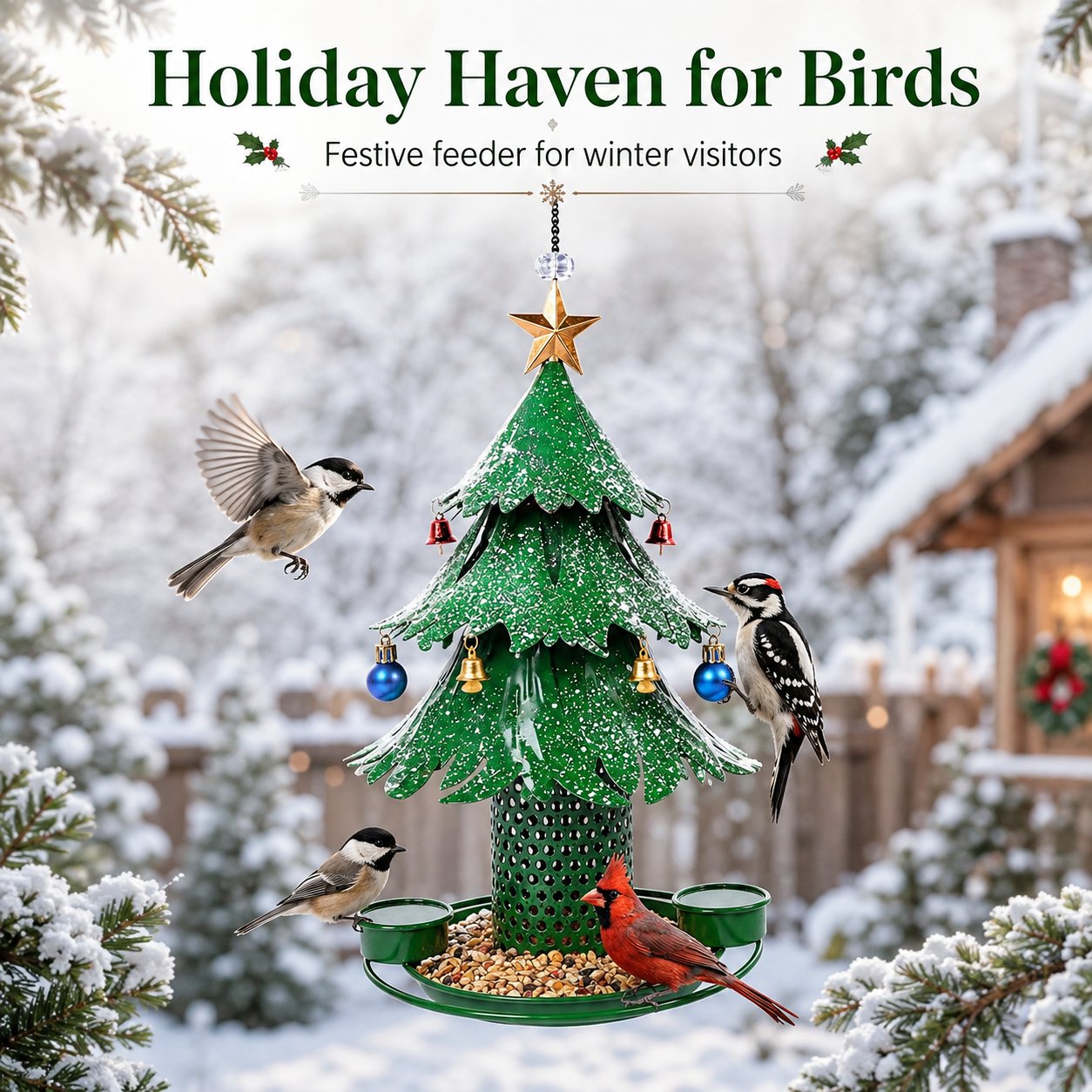 Festive Christmas tree bird feeder in a winter setting