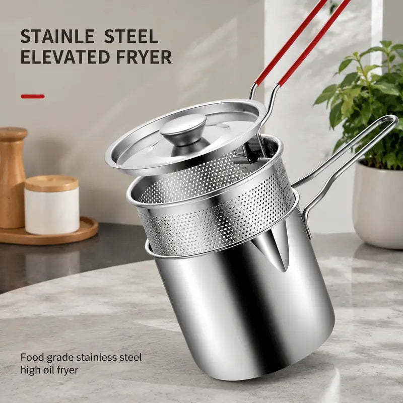 🔥🍟 Personal Mini Deep Fryer Set – Stainless Steel Pot with Lift-Out Draining Basket & Food Tongs