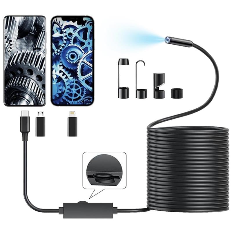 16.4ft 1920P HD Endoscope Camera for iPhone & Android - IP67 Waterproof, 8 LED Lights, 7.9mm Semi-Rigid Snake Cam, Diagnostic Tool