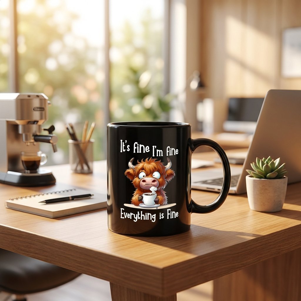 It’s Fine Highland Cow Mug – Your Daily Dose of Humour & Calm 🐮☕