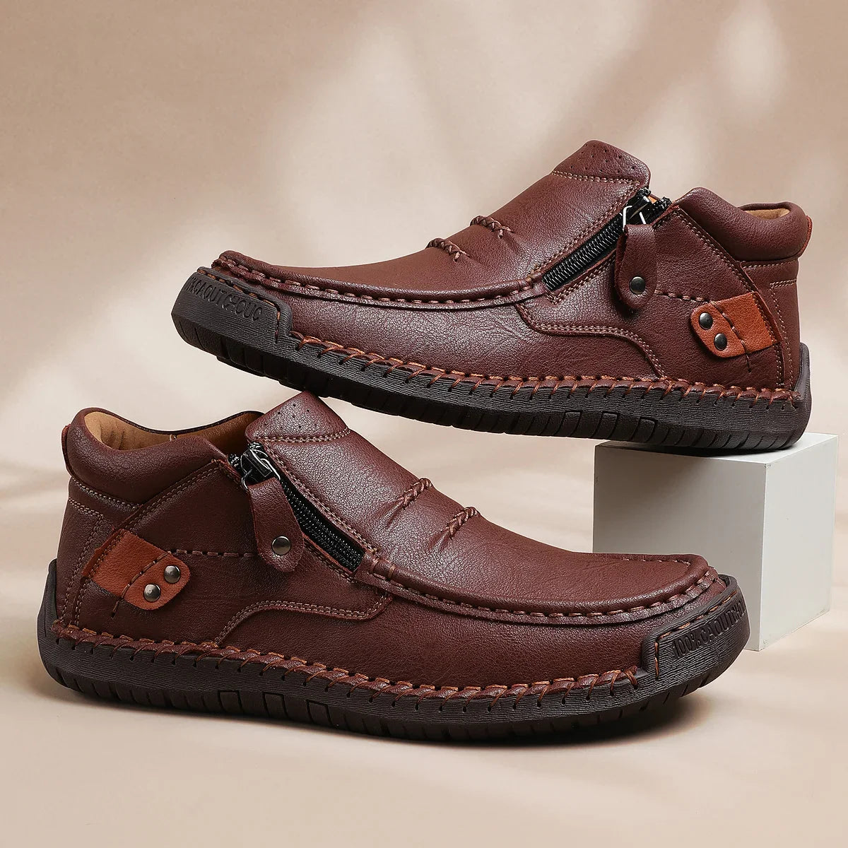 ⏰Limited Time Sale 50% OFF-Men’s Handmade Premium Leather Slip-On Driving Boots – Wide Toe, Arch Support
