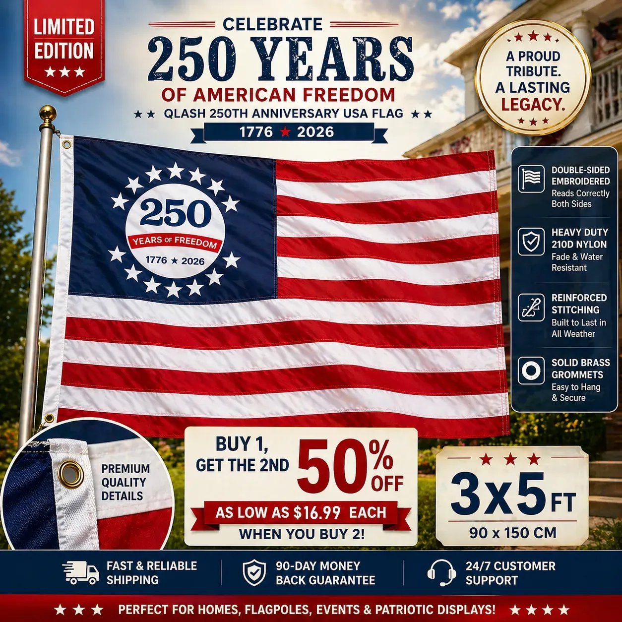 Last Day 49% OFF🔥250th Anniversary USA Commemorative Flag (3x5 Ft),Double-Sided Embroidered
