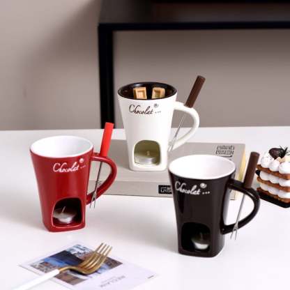🍫🍓🧀Chocolate Fondue Mug Set – Ceramic Fondue Cup with Forks and Candle🎁