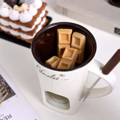 🍫🍓🧀Chocolate Fondue Mug Set – Ceramic Fondue Cup with Forks and Candle🎁