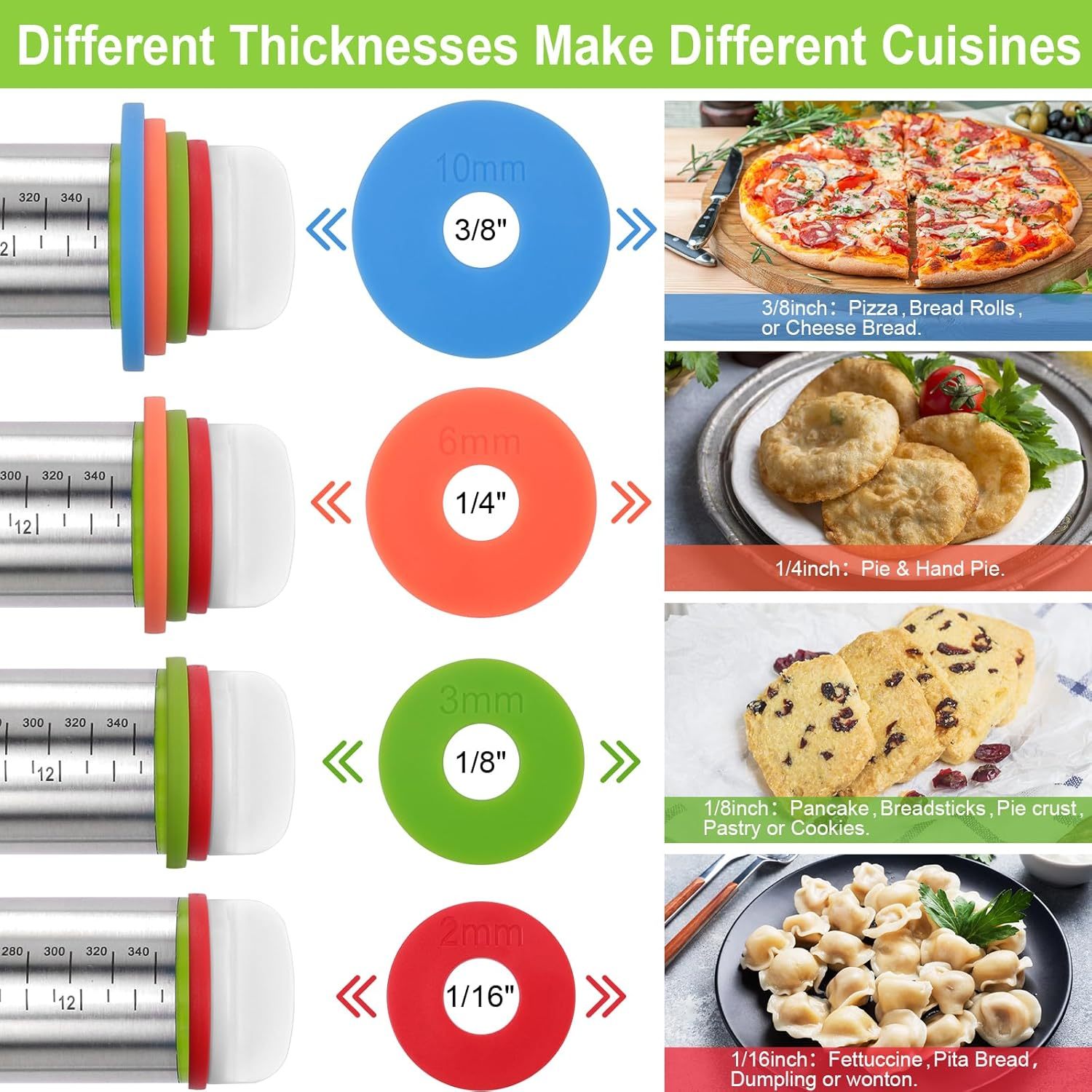 Stainless Steel Rolling Pin With Adjustable Thickness Rings