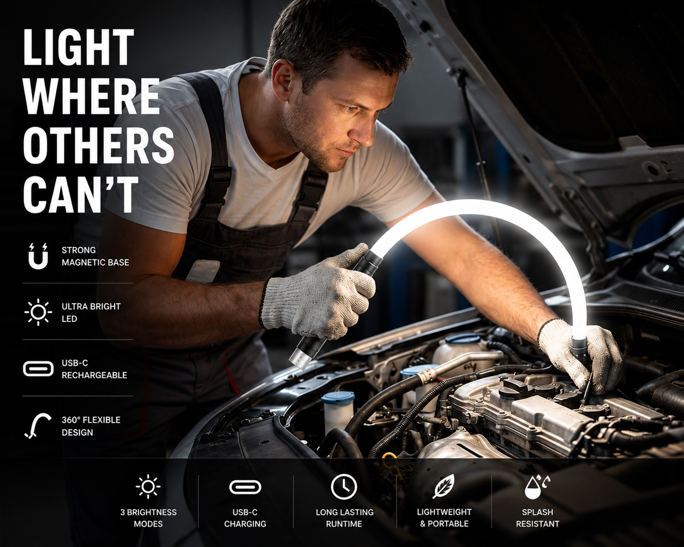 FlexBeam™ Rechargeable Magnetic LED Work Light – Hands-Free Garage Repair Lamp 🔧