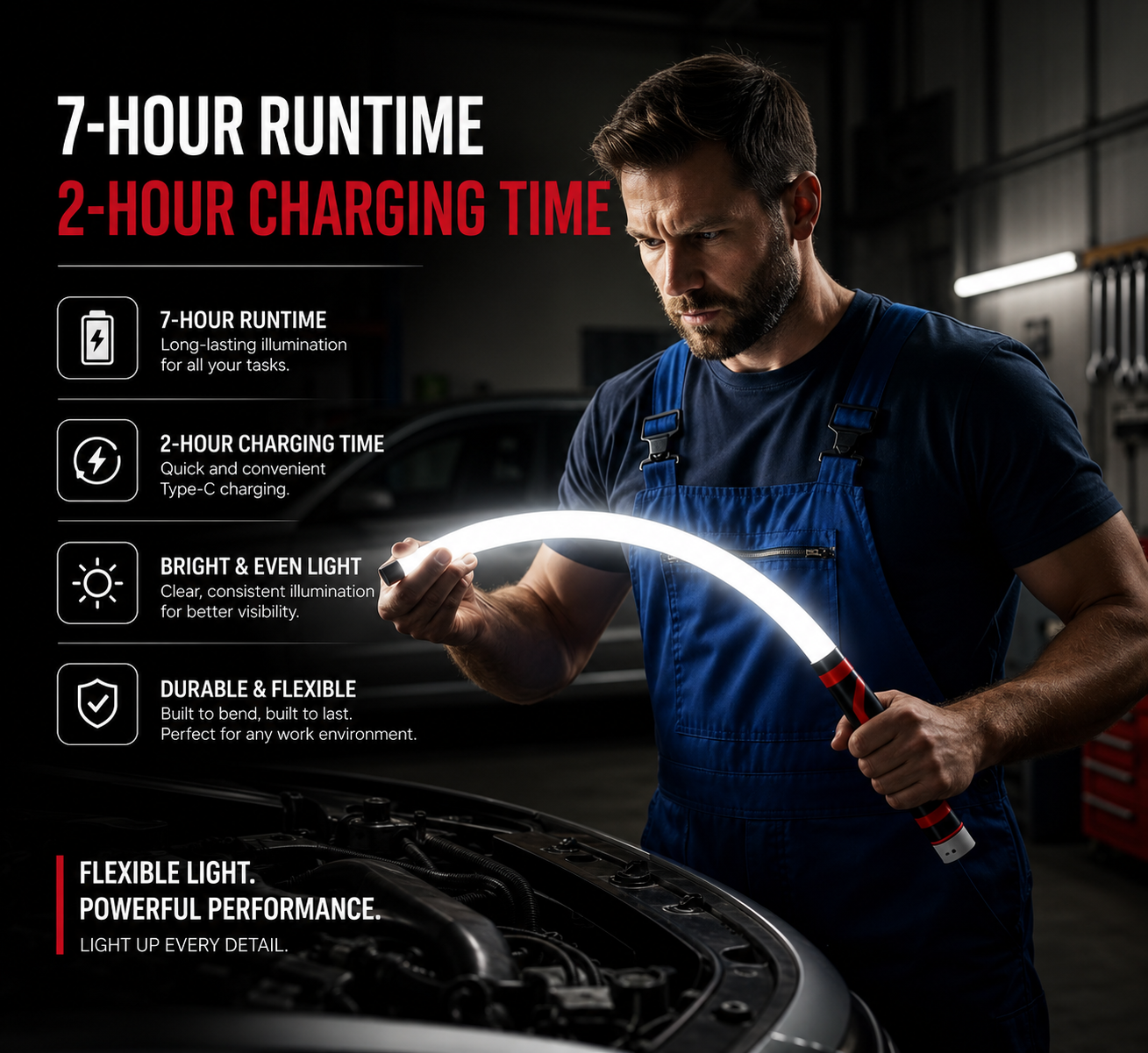 FlexBeam™ Rechargeable Magnetic LED Work Light – Hands-Free Garage Repair Lamp 🔧