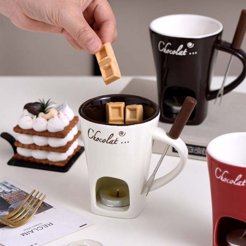 🍫🍓🧀Chocolate Fondue Mug Set – Ceramic Fondue Cup with Forks and Candle🎁
