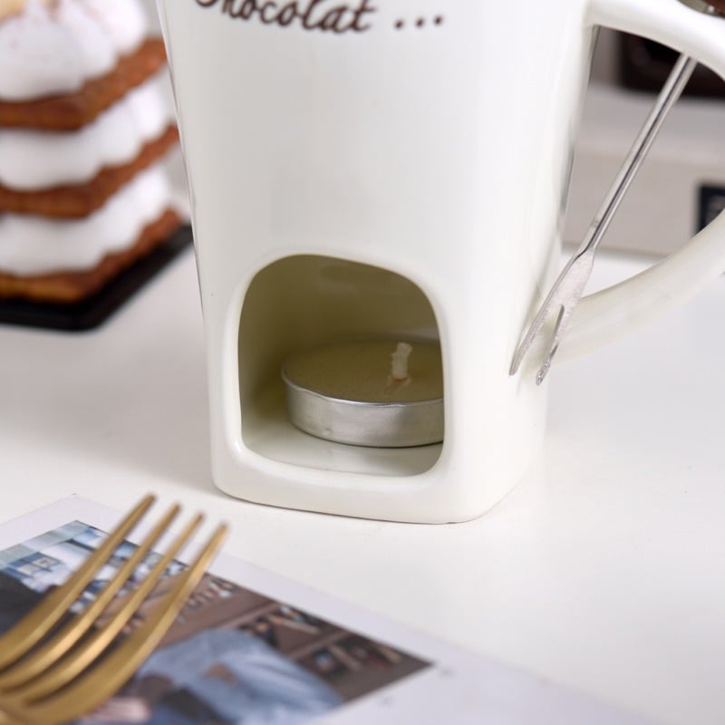 🍫🍓🧀Chocolate Fondue Mug Set – Ceramic Fondue Cup with Forks and Candle🎁