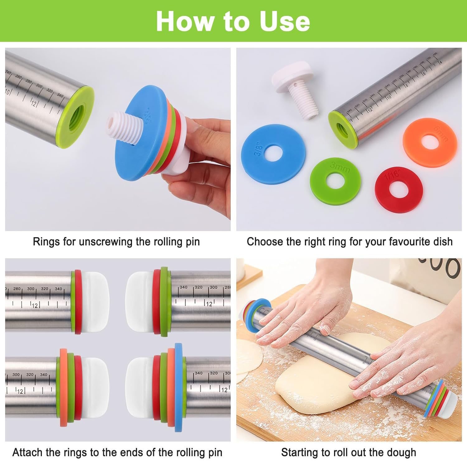 Stainless Steel Rolling Pin With Adjustable Thickness Rings