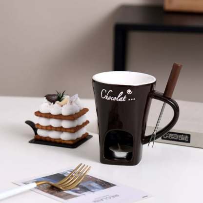 🍫🍓🧀Chocolate Fondue Mug Set – Ceramic Fondue Cup with Forks and Candle🎁