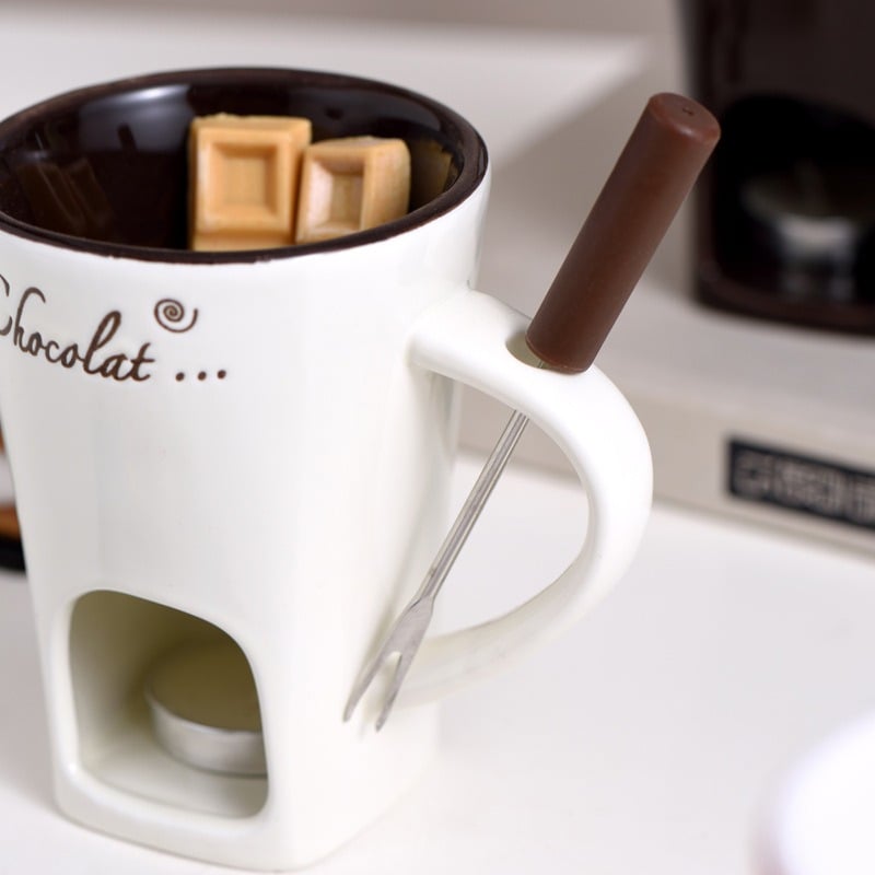 🍫🍓🧀Chocolate Fondue Mug Set – Ceramic Fondue Cup with Forks and Candle🎁