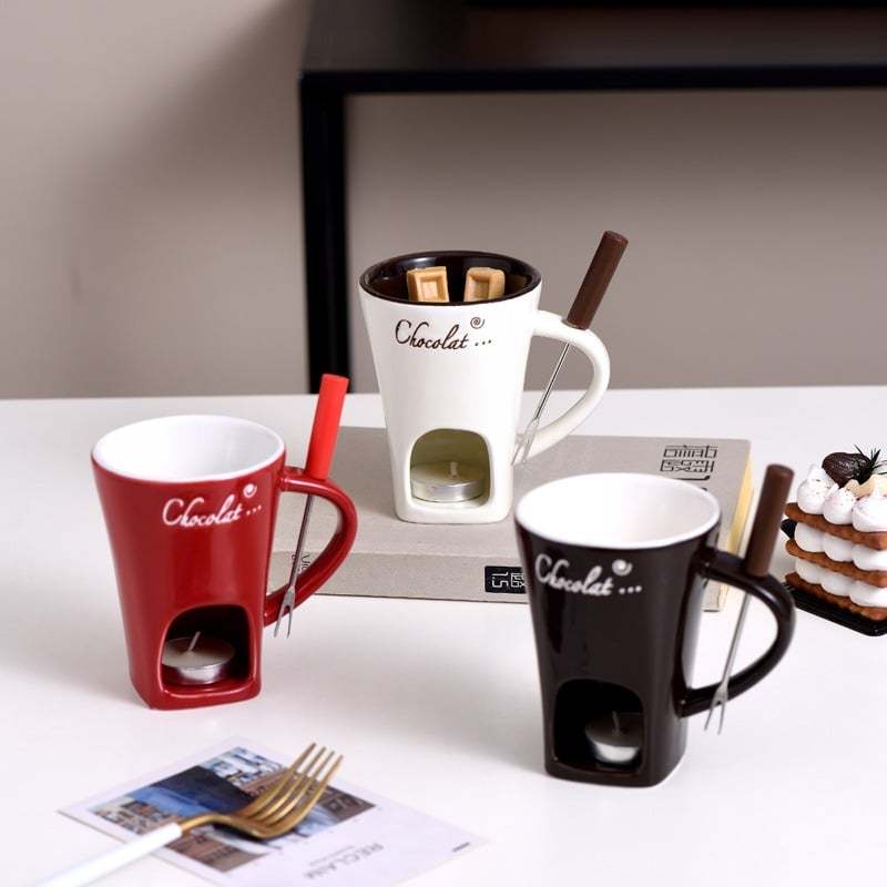 🍫🍓🧀Chocolate Fondue Mug Set – Ceramic Fondue Cup with Forks and Candle🎁