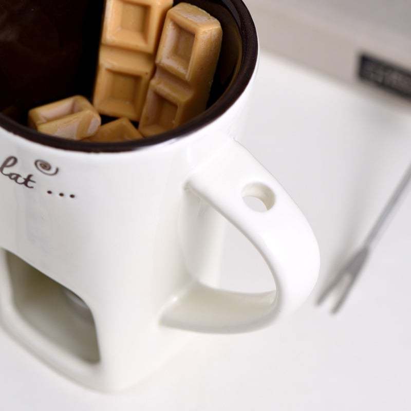 🍫🍓🧀Chocolate Fondue Mug Set – Ceramic Fondue Cup with Forks and Candle🎁