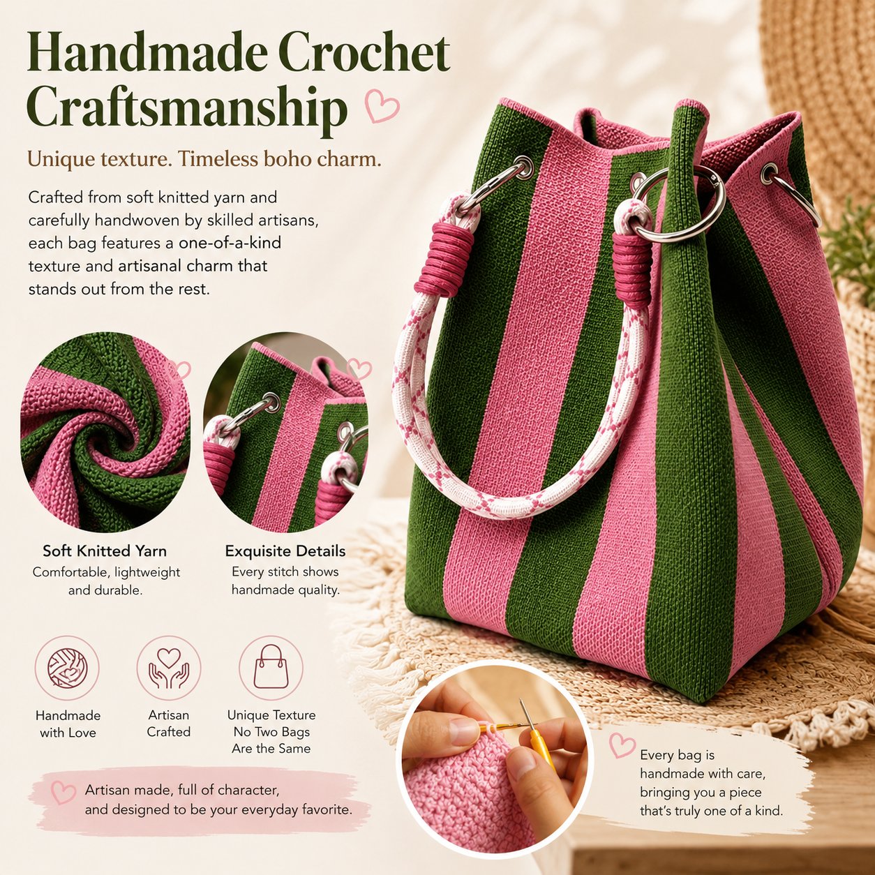 🌴 Boho Crochet Bucket Bag for Women – Handmade Woven Summer Beach Shoulder Bag