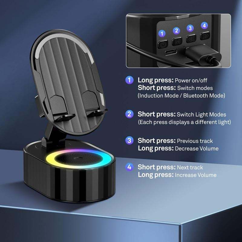 Upgraded Cell Phone Stand with Induction Speaker/Power Bank/Atmosphere Light