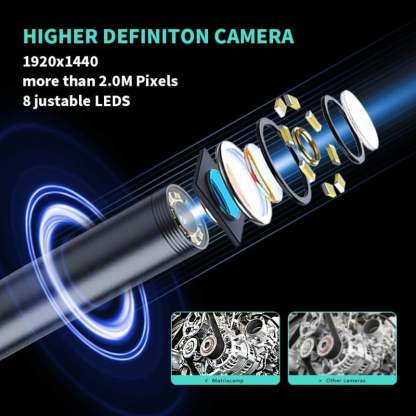 16.4ft 1920P HD Endoscope Camera for iPhone & Android - IP67 Waterproof, 8 LED Lights, 7.9mm Semi-Rigid Snake Cam, Diagnostic Tool