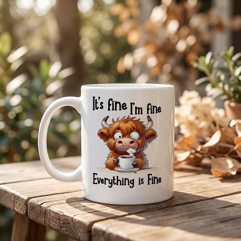 It’s Fine Highland Cow Mug – Your Daily Dose of Humour & Calm 🐮☕