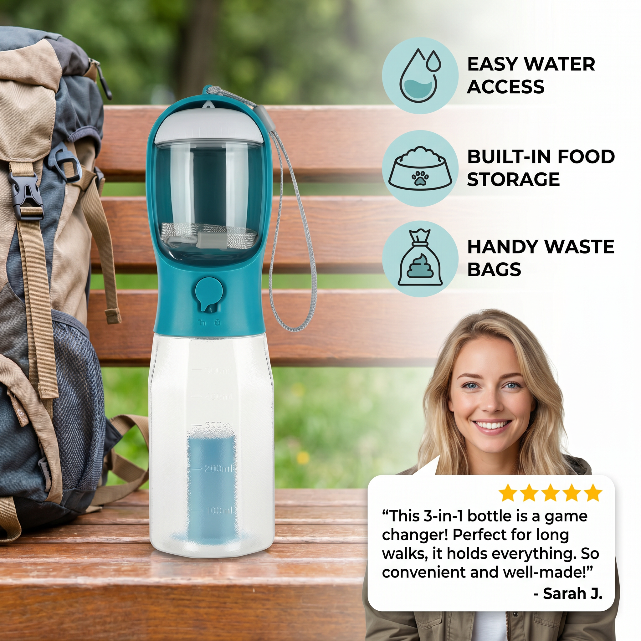 🐶3 in 1 portable dog water bottle with food container and poop bag🐶