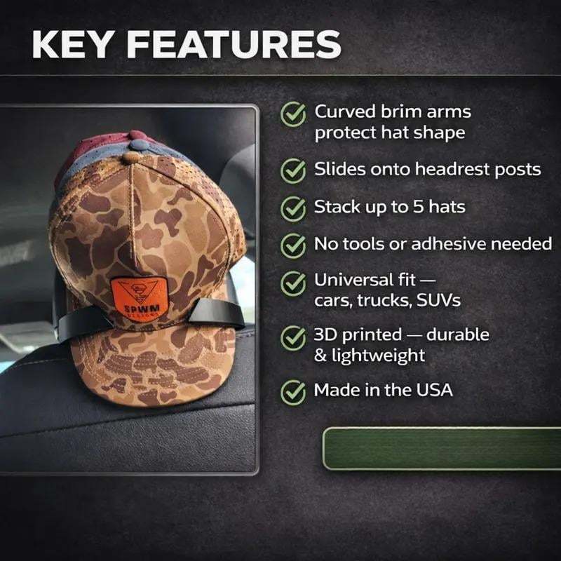 Universal Headrest Hat Holder for Trucks Cars & SUVs | Holds 5 Hats