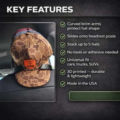Universal Headrest Hat Holder for Trucks Cars & SUVs | Holds 5 Hats