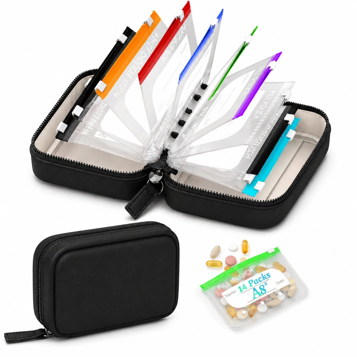 🏆Flash Sale⚡Waterproof Pill Organizer Pouch Set – 14 Removable, Color-Coded Bags, Easy to Label & Refill🔥
