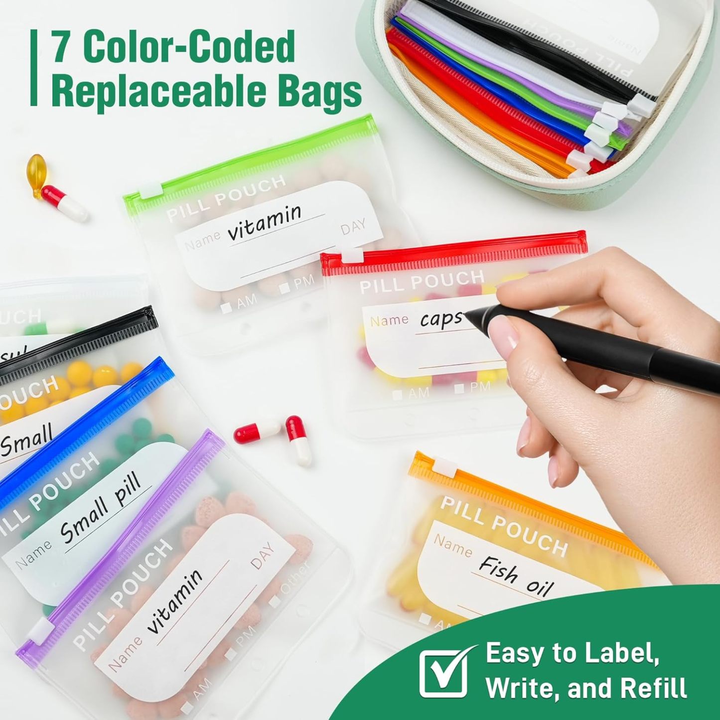 🏆Flash Sale⚡Waterproof Pill Organizer Pouch Set – 14 Removable, Color-Coded Bags, Easy to Label & Refill🔥