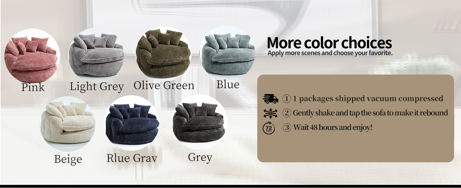 Seven colour options including pink, light grey, olive green, blue, beige, blue grey, and charcoal grey, with unboxing and rebound instructions