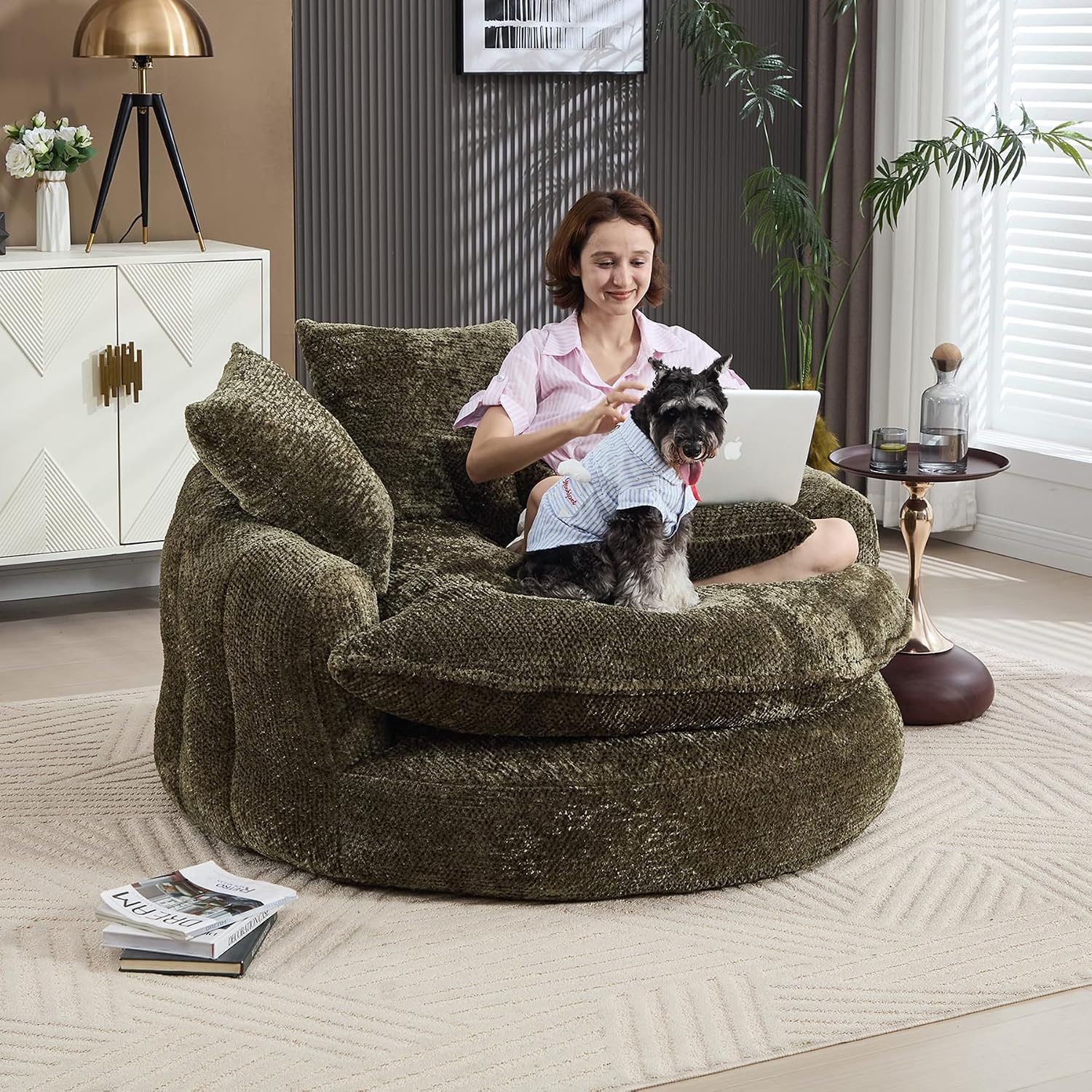 55 inch Oversized Round Chair, Fluffy Chenille Boneless Sofa with Extra Deep Seat