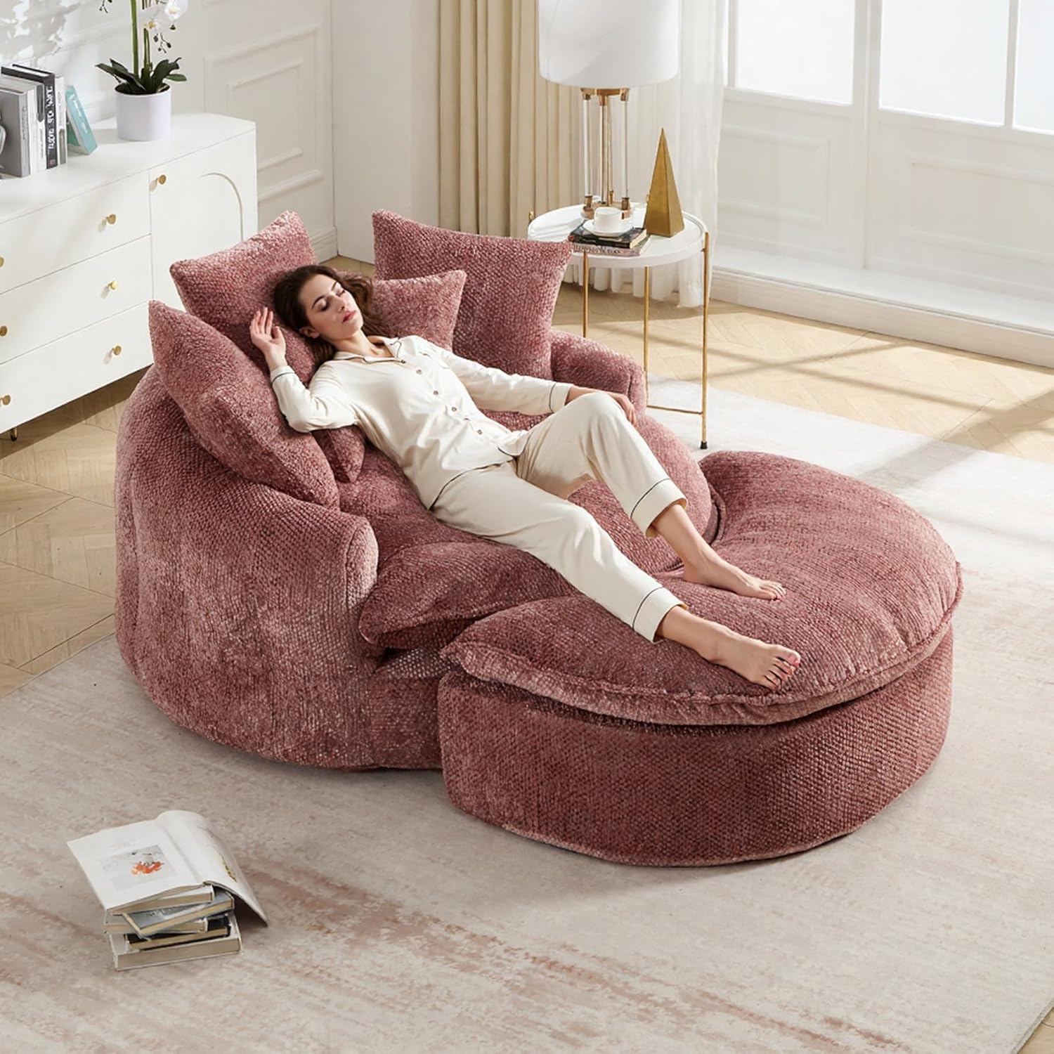 55 inch Oversized Round Chair, Fluffy Chenille Boneless Sofa with Extra Deep Seat