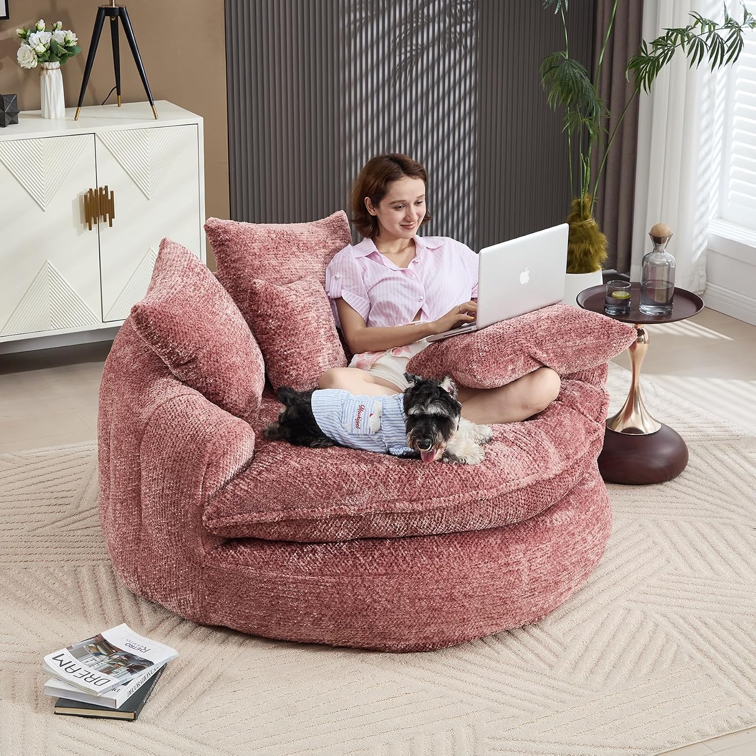 55 inch Oversized Round Chair, Fluffy Chenille Boneless Sofa with Extra Deep Seat