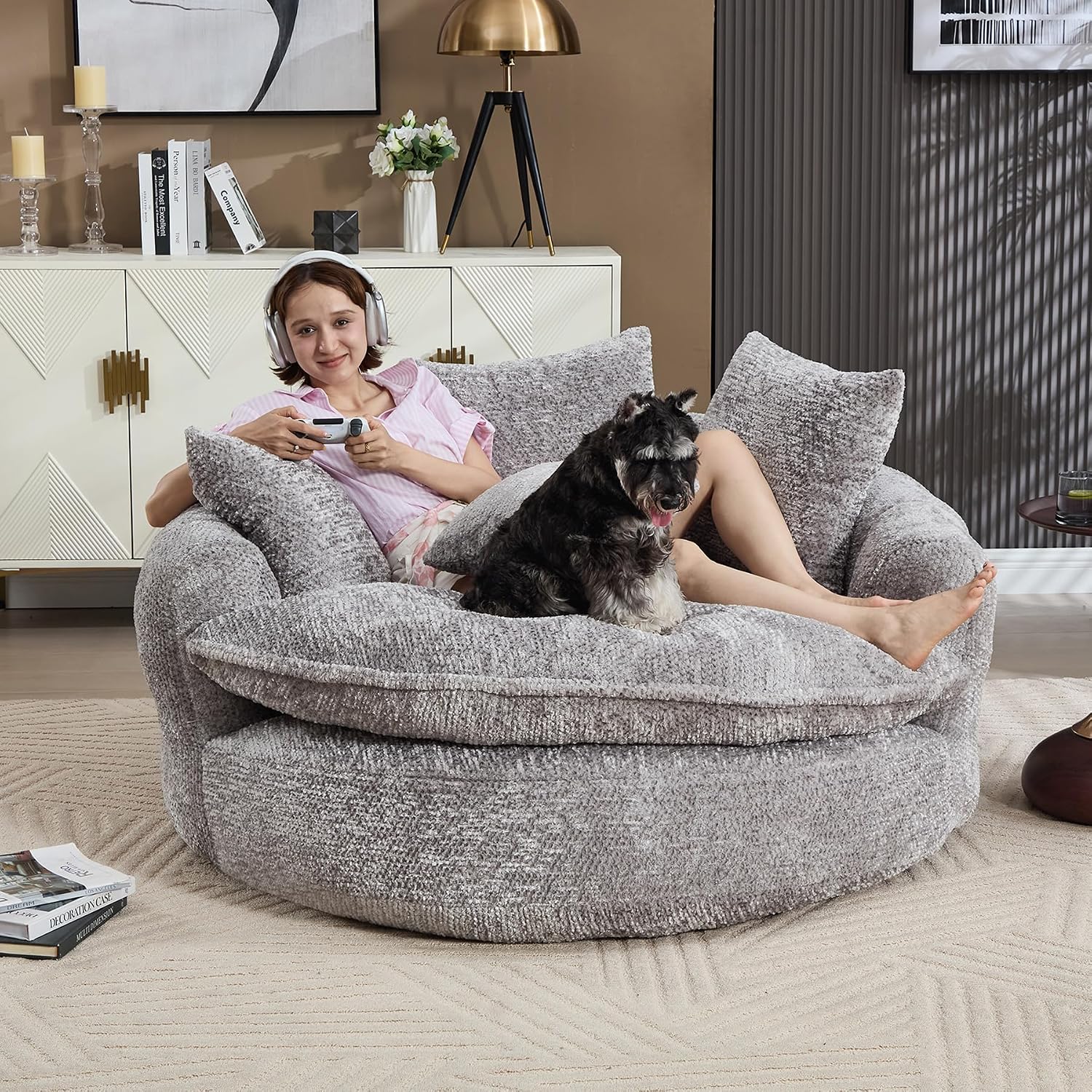 55 inch Oversized Round Chair, Fluffy Chenille Boneless Sofa with Extra Deep Seat