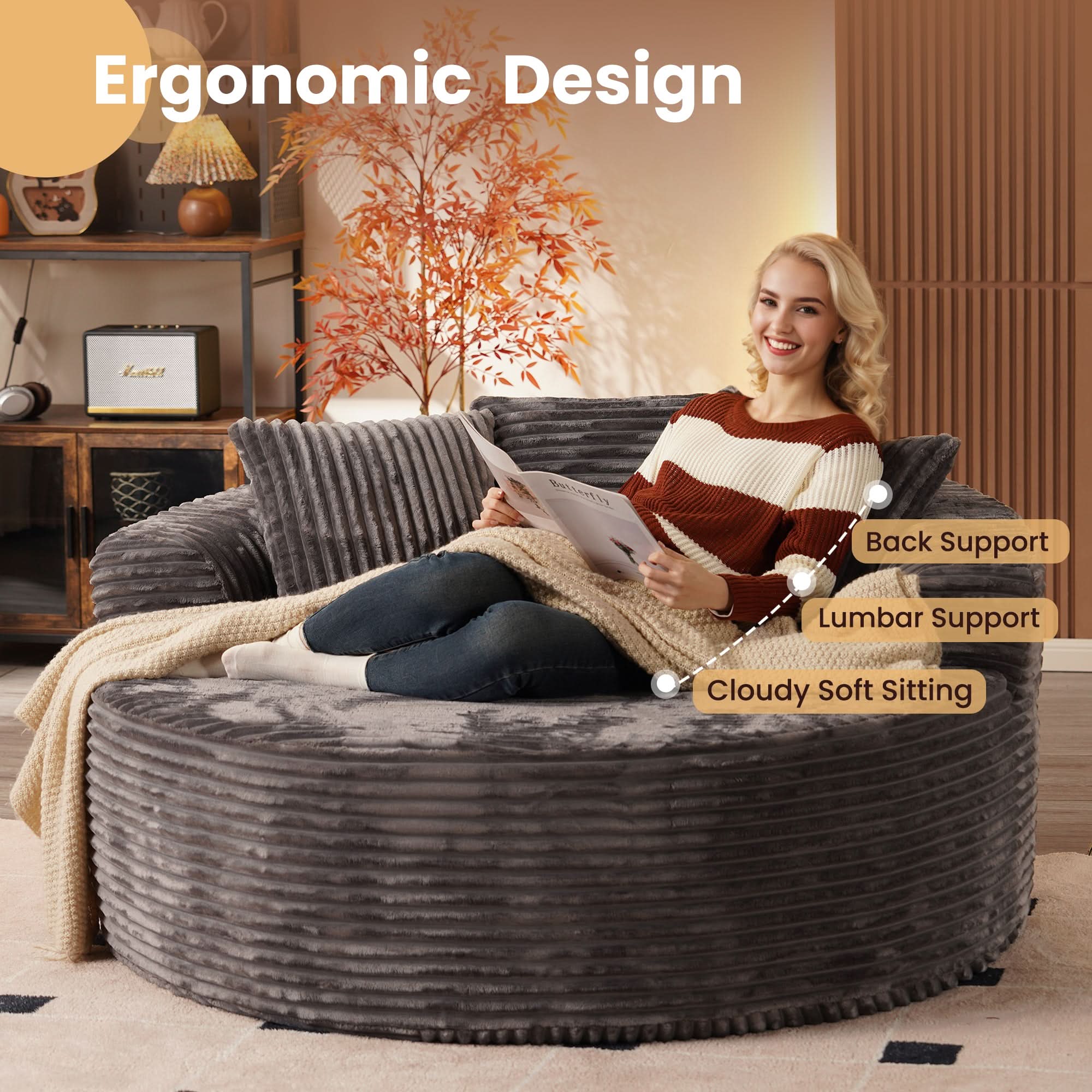 59" O-Shape Modular Couch, Plush Corduroy Fabric, No Assembly Required