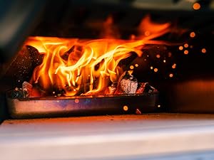 Wood fire burning inside the oven