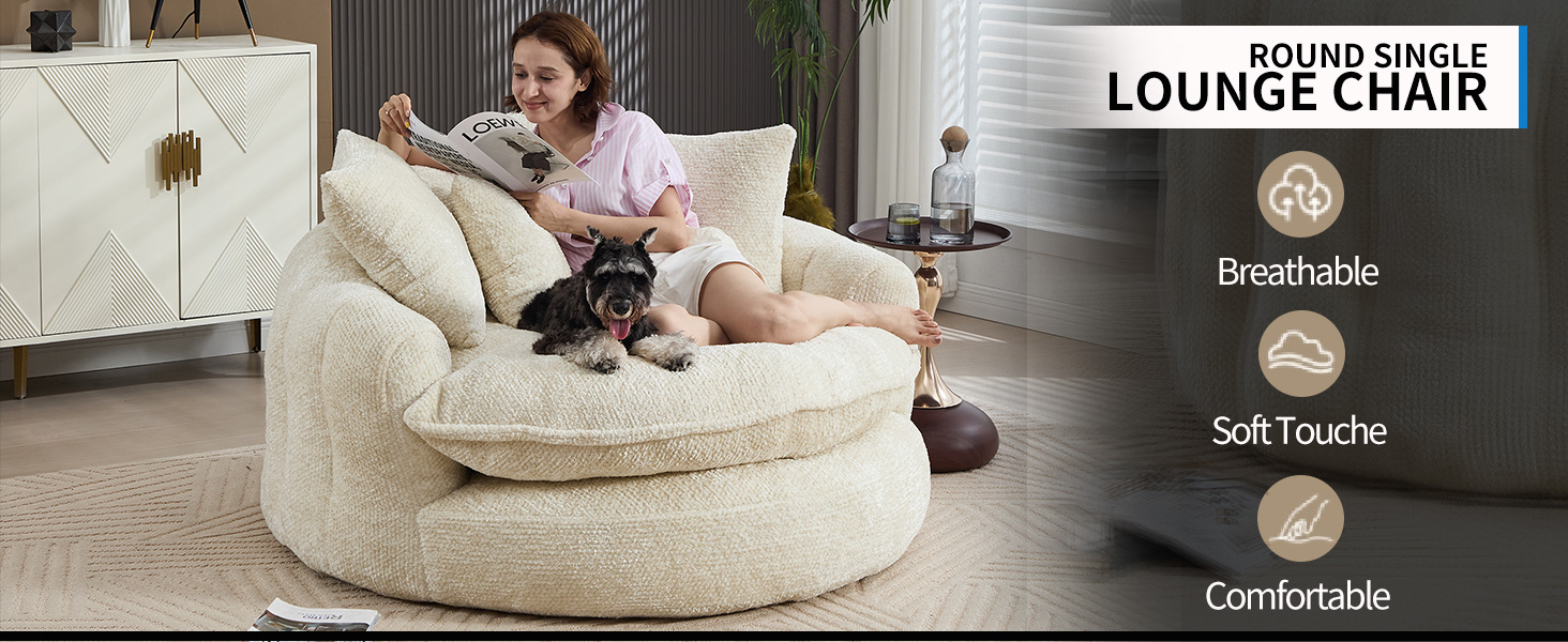 Woman reading a magazine on the round lounge chair with her dog, labelled as breathable, soft touch, and comfortable